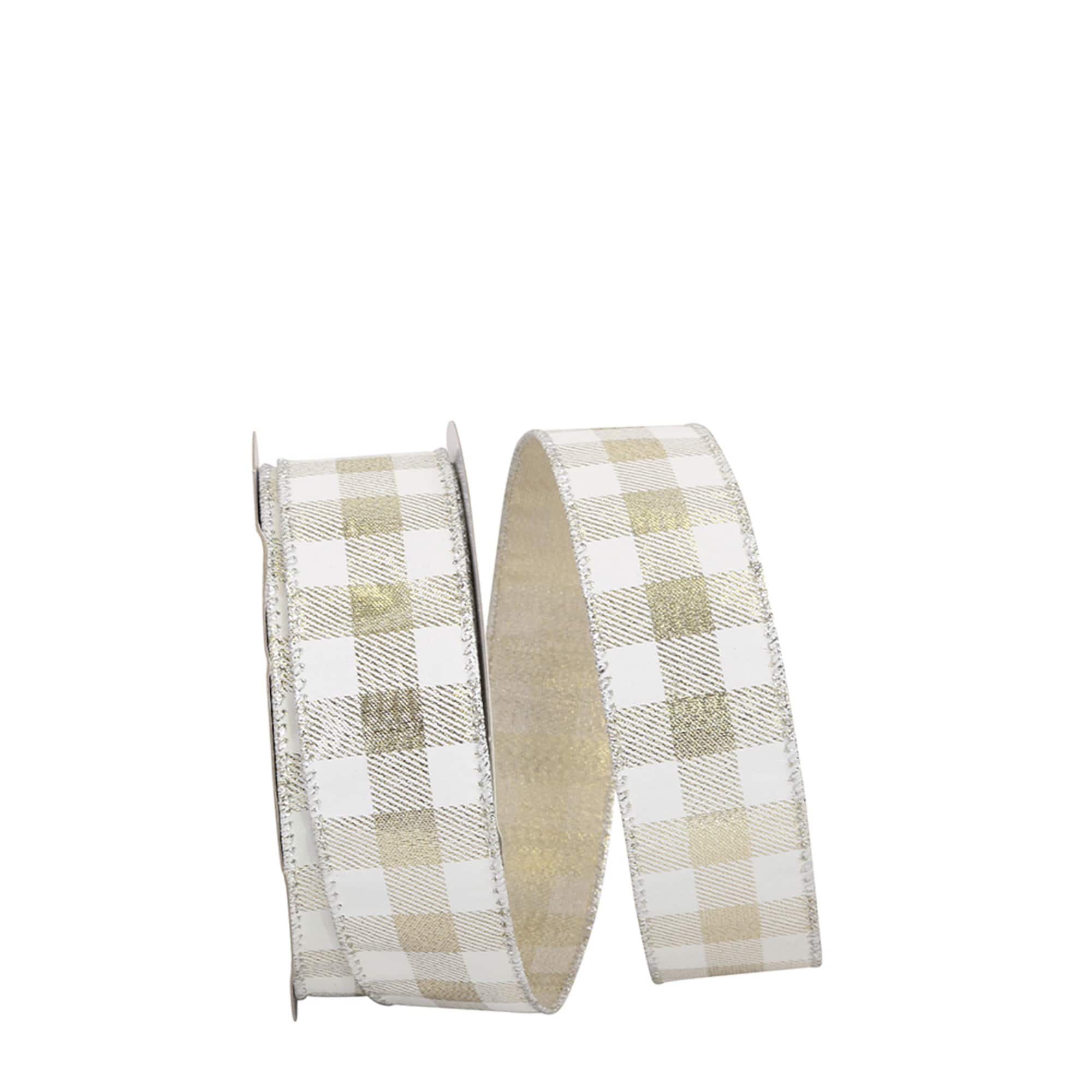 Reliant 1.5" x 25yd. White & Platinum Gingham Metallic Wired Ribbon